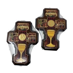Two Wooden Eucharistic First Holy Communion Crosses Last Supper Religious Gifts
